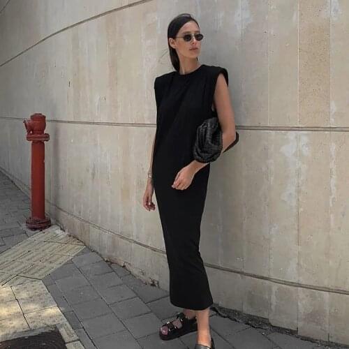 Womens Dress Fashion Shoulder Pad Sleeveless Pure Color Dress 2021 Summer New Loose Temperament Long Dress