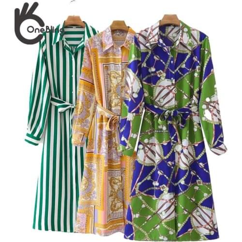 OneBling Za Woman 2021 Fashion Traf Print Summer Long Sleeve Casual Shirt Dress A-Line Striped Midi Dress Belt Sashes Robe femme