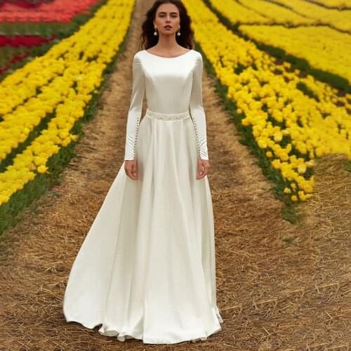 A Line Long Sleeve Wedding Gowns Beading Boat Neck 2021 Big Size V Back Zipper Simple Elegant Beach White Bridal Dress Hochzei