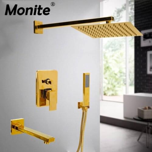 Monite 8 Inch Golden Plated Wall Mounted Rainfall Bathroom Shower Set Faucet Solid Brass Height Handheld Bathtub Mixer Faucet