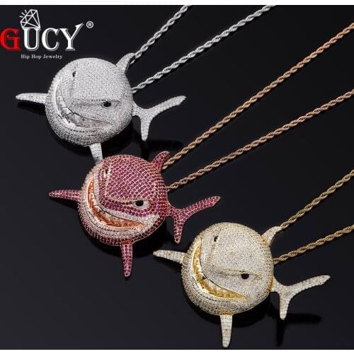 GUCY Big Size Animal Shark Necklaces & Pendant 4mm Tennis Chain Gold Color Bling Cubic Zircon Mens Hip hop Necklace Jewelry