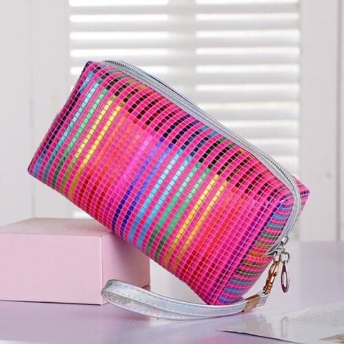 Color Stripe Cosmetic Bag Fashion Makeup Bag Girl Cute Portable Travel Toiletry Cosmetics Storage Bag
