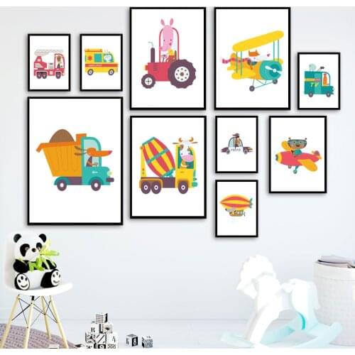 Nursery Animal Driver Car Cow Bear Fox Wall Art Canvas Painting Nordic Posters And Prints Wall Pictures Baby Boy Kids Room Decor