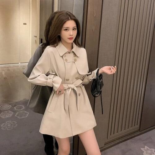 Double Breasted Womens Coat Streetwear Slim Waist Windbreaker Elegant Turn-Down Collar Short Trench