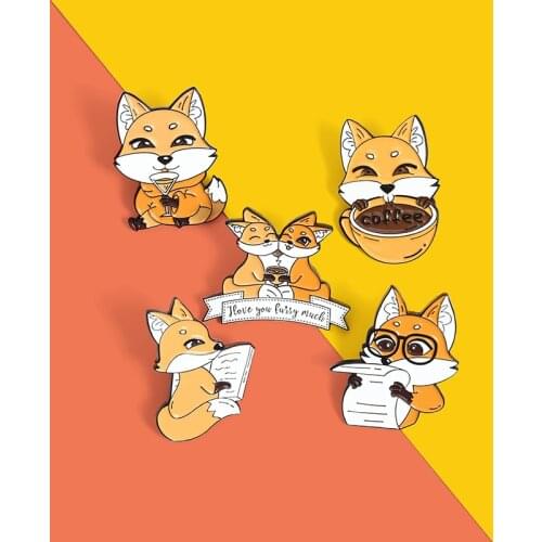 Fox Coffee Enamel Pins Custom Lover Drink Newspaper Brooches Bag Lapel Pin Cartoon Animal Badge Jewelry Gifts for Kids Friends