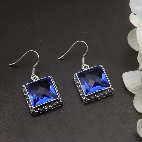 Hermosa Vintage Square Ocean BlueTopaz Silver Color Earrings For Women Fashion Jewelry1 3/8 Inch ME007