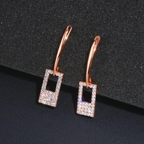 Huitan Luxury Rose Gold Color Geometric Shape Drop Earring for Women Shiny CZ OL Style Daily Wear Elegant Female Stylish Earring