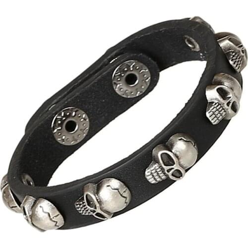 Cool Leather Thick Male Bracelet Metal Rock Bikers Sundded Skeleton Cuff Bangle Single One Row Skulls Bracelet pulseras hombre