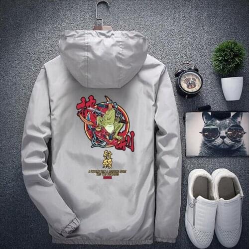 2019 Autumn New Thin Korean Casual Loose Jacket Mens Trend Chinese characters Zipper Long-sleeved Hooded Jacket