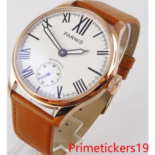 46.5mm PARNIS mechanical rose golden plated case men watch hand winding movement brown leather strap
