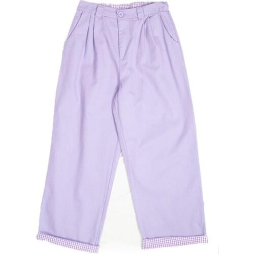 Harajuku Kawaii Purple Pants for Women Soft Sister Cute Vintage Plaid Roll Up Trousers Leisure Ankle Length Girls Straight Style