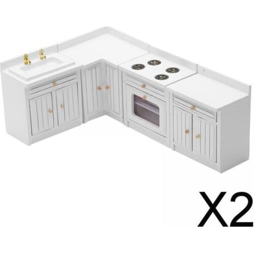 2x1/12 Scale Dolls House Miniature White Modern Kitchen Set Simulation Model