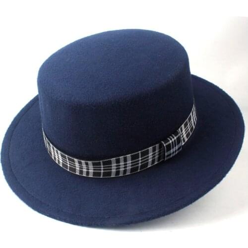 Fashion Men Women Wool Flat Top Hat Party Hat Trilby Fedora Hat Wide Brim Pork Pie Hat Size 56-58CM