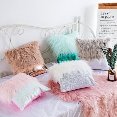 Long Fluffy Sequin Stitching Cushion Cover Ins Hot Pillow Cover European Style Living Room Sofa Throw Pillowcase Home Decor