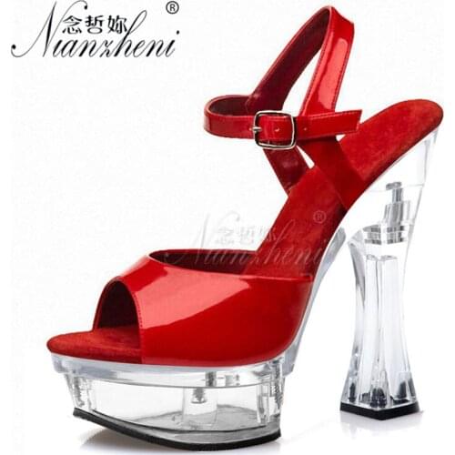 Shallow Patent Leather Concise Womens Platform Sandals 14CM Super High Heeled Shoes 6Inches Sexy Fetish Models Party Stage Show