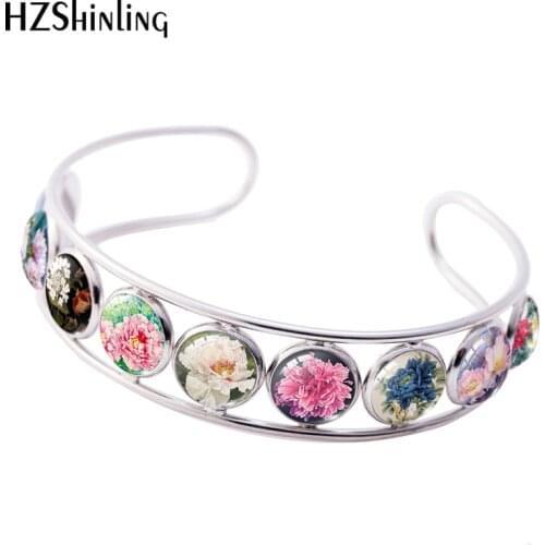 2021 New Painting of Peonies Cuff Bracelet Flower Art Bracelets Round Glass Dome Art Photo Jewelry Handmade