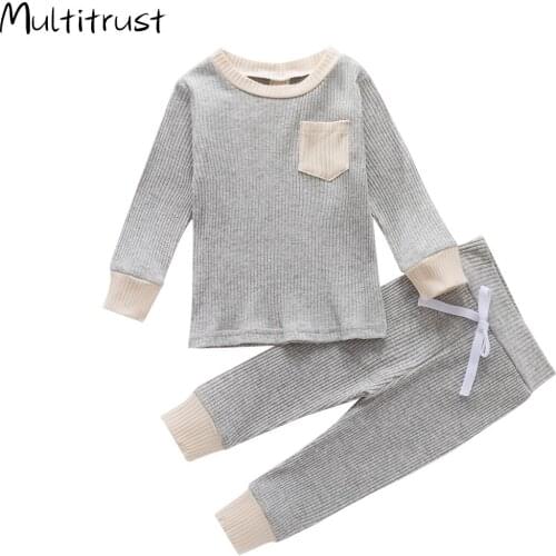 1-4Y Autumn Toddler Baby Boys Girls Suits Cotton Knitted Newborn Kids Long Sleeve Pocket T-shirts Tops+Pants Leggings Tracksuits