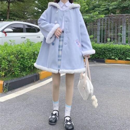 Small Japanese Cute Sailor Collar Fur Collar Woolen Coat Womens Autumn and Winter Mid-Length Woolen Coat kawaii clothing