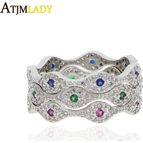 Rainbow micro pave red green blue color rings high quality 2019 turkish evil eye stacking ring engagement band cz jewelry