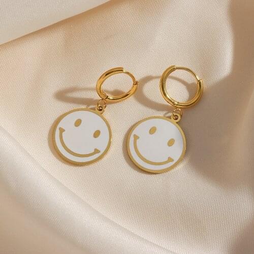 Latest Design Cute Optimistic Colorful Smiley Face Charm Huggies Earring Stainless Steel 18K Gold Plated Ladies Smile Earring