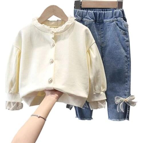 Spring and Autumn Girls' Clothes Set Baby Long Sleeve Sweater Girl Korean Bowknot Jeans Two-Piece 0-8 Y Kids Lace Outfits