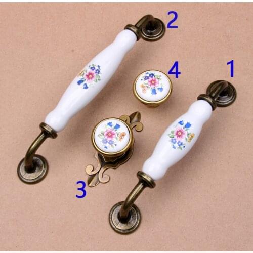 Door Handle Vintage Ceramic Metal Flower White Bronze Door Handles Kitchen Cabinet Wardrobe Cupboard Drawer Pull Knobs