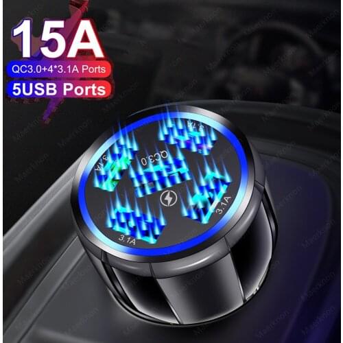Cargador USB de coche con 5 puertos, Mini LED de carga rápida 3,0 de 15A para iPhone, Xiaomi, Huawei, adaptador de cargador de t