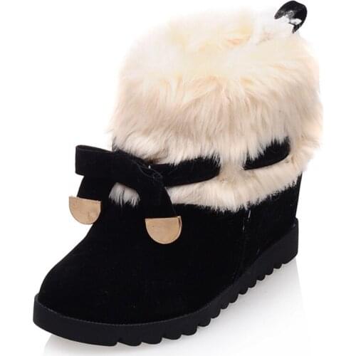 Bowknot Plush Turned Slope With Increased Height Female Boots 2020 Autumn And Winter Artificial Wool Fashion Round Toe Boots