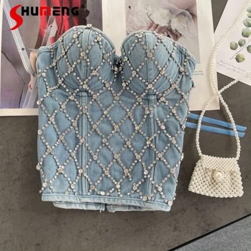 2021 Spring Summer New Rhinestone Denim Bra 3D Cup Slim Fit Fashion Solid Color Jeans Tube Top Short Sexy Women Outer Wear