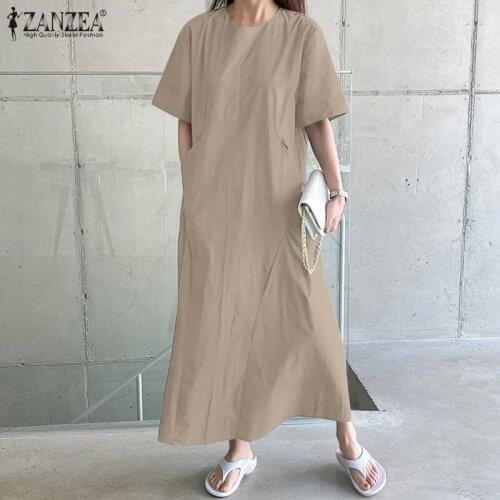 Oversize Women Summer Sundress ZANZEA 2021 Kaftan Solid Maxi Dress Casual Short Sleeve Vestidos Female Hollow Basic Robe Femme