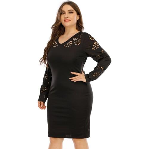 One Piece Dropshipping Dress Plus Size Womens Clothe Burnt Flower Hollow Out Slim Vneck Long Sleeve Solid Color Pullover Dress