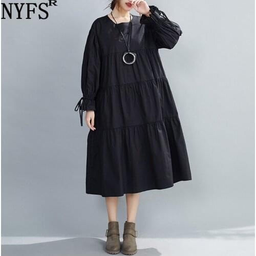 NYFS 2021 New Korean Spring Autumn Loose Woman Dress Vestido de mujer Robe Elbise Cotton Solid Patchwork Big Hem Cake Dresses