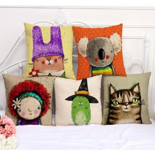 1pc 45x45cm High Quality Linen Hand Painting Cartoon Animal Decorative Cushion Cover Throw Pillow Case Chair Seat Pillowcases