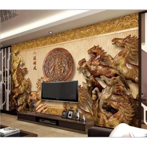 Beibehang Wallpaper mural custom photo living room 3d wood carving eight horses male wind to success wallpaper background