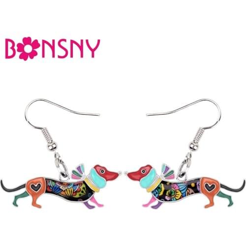 Bonsny Enamel Alloy Floral Collar Dachshund Dog Earrings Dangle Drop Big Long Fashion Cartoon Animal Jewelry For Women Girl Gift