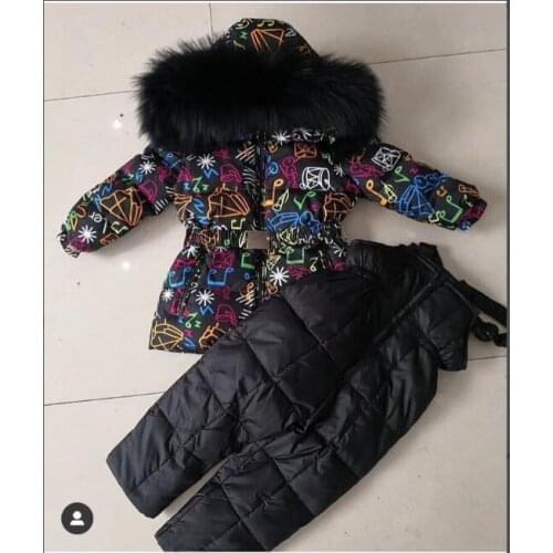 Brand 2019 Winter Jacket Children down jackets & PANT duck down Fur hooded girl snowsuit boy Suit set outerwear ski