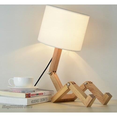 Wooden Table Lamp for bedroom Robot Shape E27 Lamp Holder Modern Cloth Art Wood Desk Table Lamp Parlor Indoor Study Night Light
