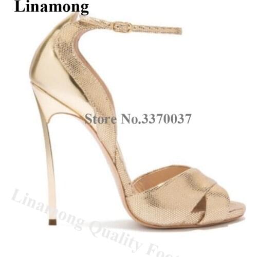 Linamong Designer Open Toe Gold Silver Metal Stiletto Heel Sandals Pattern Leather Strange Heel Sandals Wedding Dress Shoes