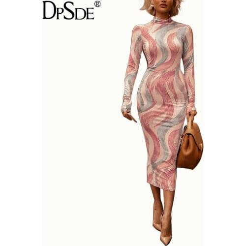 DPSDE Print O Neck Bodycon Elegant Long Dress Full Sleeve Collect Waist Casual Dress Autumn New 2020 Streetwear Bandage Dress