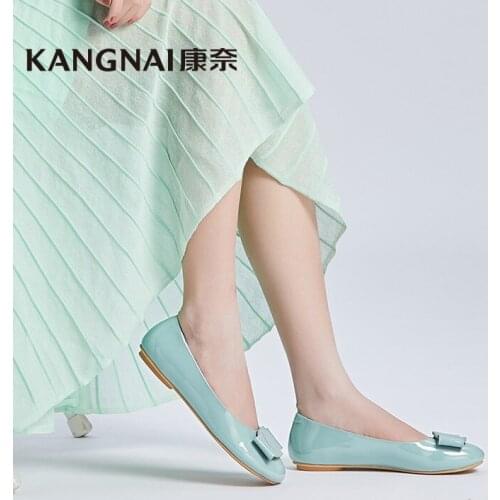 KANGNAI Women Flats Round Toe Loafers Patent Leather Ballet Shallow Bowknot Slip-On Ladies Shoes