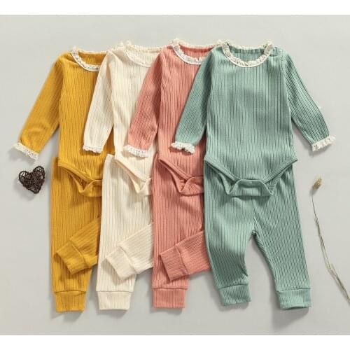 FOCUSNORM 4 Colors Newborn Baby Boys Girls Clothes Sets Solid Ruffles Long Sleeve Lace Romper Tops Pants Homewear 0-24M