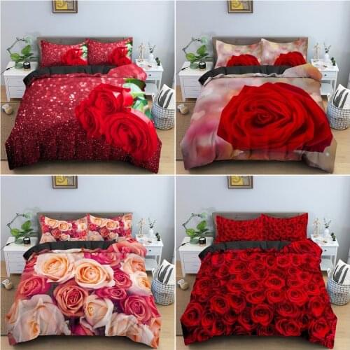 Floral Duvet Cover Set Full Size Bedding Sets Soft Luxury 3D Red Rose Microfiber Comforter Cover Romantic Quilt Cover