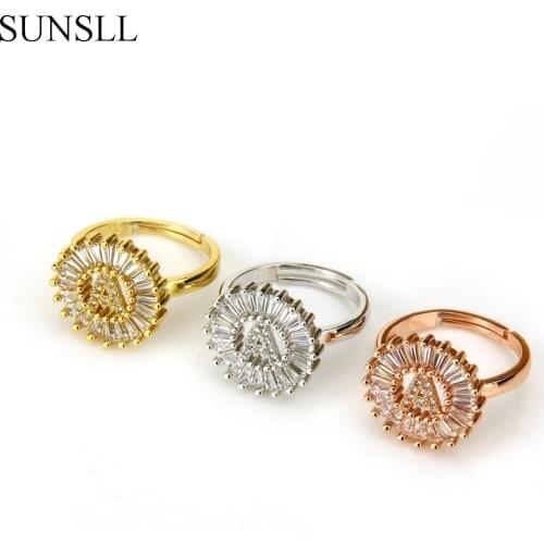 SUNSLL Three Color Copper Clear Cubic Zirconia A-Z 26 Letter Round Ajustable Rings Womens Party Fashion Jewelry Cobre CZ Anillo