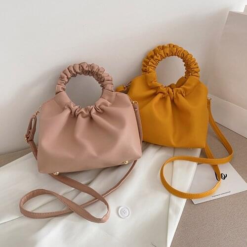 Fashion Solid Color Women Crossbody Handbags Chic PU Pleated Casual Female Shoulder Bags All-match Round Top-handle Pouch