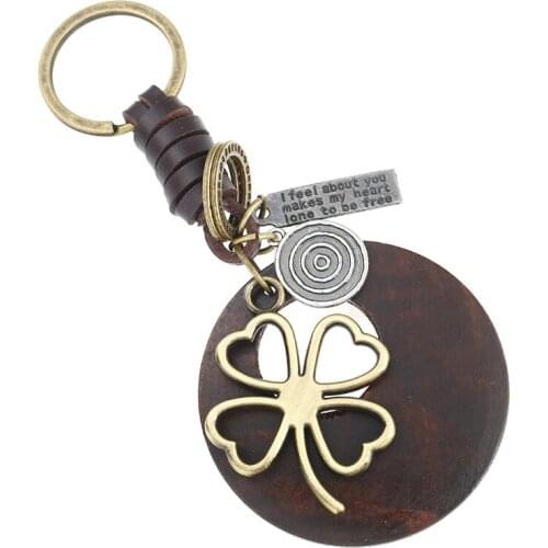 Fashion Vintage Women Keychain Alloy Lucky Four-leaf Clover Big Round Wood Holder Pendant Keyring Bag Car Key Chain Jewelry Gift