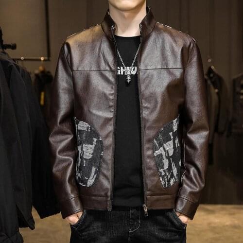 2022 Mens Autumn New Camouflage Printed Flower Stand Collar Stitching Zipper Topstitching Motorcycle PU Leather Jacket