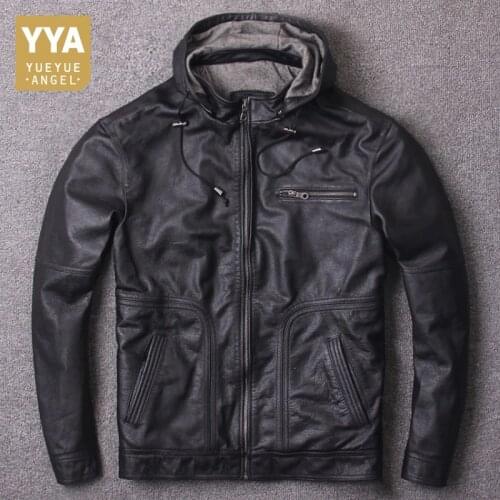 Men Hooded Casual Cowhide Motorcycle Jacket Autumn Winter Real Leather Slim Fit Coats Male High Quality Genuine Cow Leather Coat