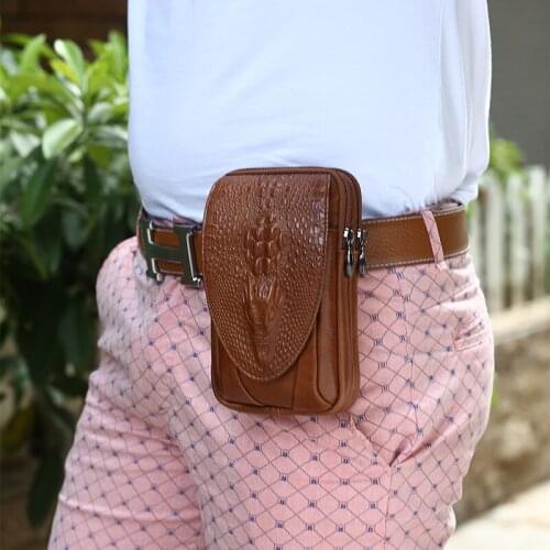 Fasihon Men Genuine Leather Belt Bum Waist Phone Pouch Male Fanny Pack Crossbody Shoulder Sport Zip Belt Bag Black Brown Color