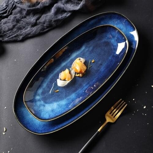 Oval Blue Ceramic Sushi Plate Dessert Snack Fruit Dishes And Plates Long Shape Dish For Fish Dinner Tableware Platos De Ceramica