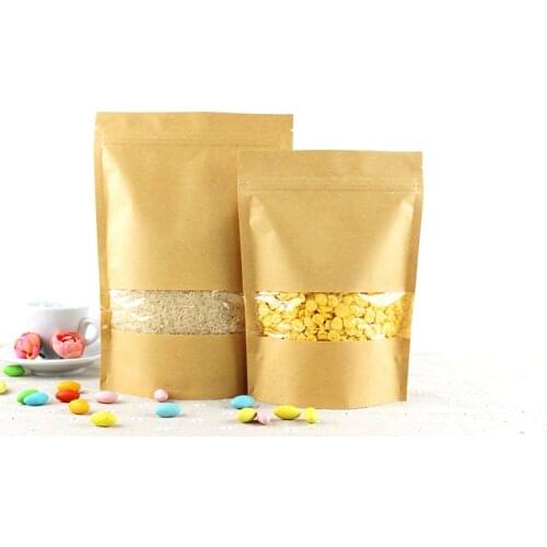9*14+3cm 100pcs Stand Up Clear Window Brown kraft paper bags with Zipper lock for Food/Tea/Nut/Coffee Resealable Packaging Bag